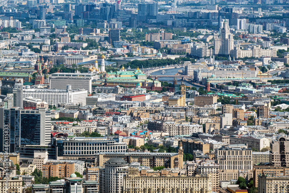 A breathtaking panoramic top view of the city of Moscow - the capital of Russia. Summer, sunny day.