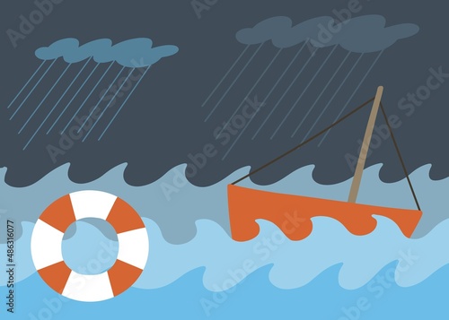 Vector illustration of shipwreck and hurricane.
