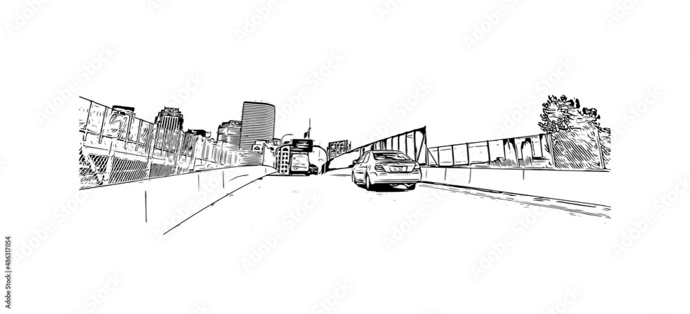 Obraz premium Building view with landmark of Medford is the city in Oregon. Hand drawn sketch illustration in vector.