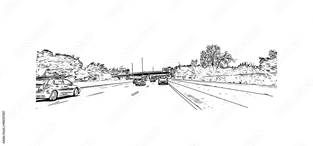 Obraz premium Building view with landmark of Medford is the city in Oregon. Hand drawn sketch illustration in vector.