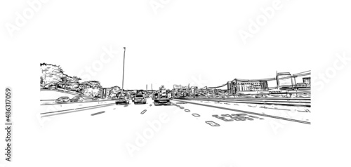 Building view with landmark of Medford is the 
city in Oregon. Hand drawn sketch illustration in vector.