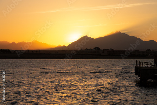 natural background sunset view of the sea, mountains