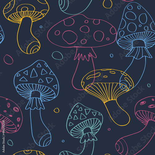 Neon outline psychedelic mushrooms pattern. Seamless vector print for textile, fabric, paper.