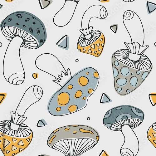Outline psychedelic mushroom pattern. Seamless vector print for textile, fabric, paper.