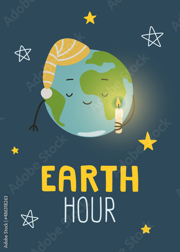 Cute planet earth holding candle and rest. World earth hour banner. Environmental poster.