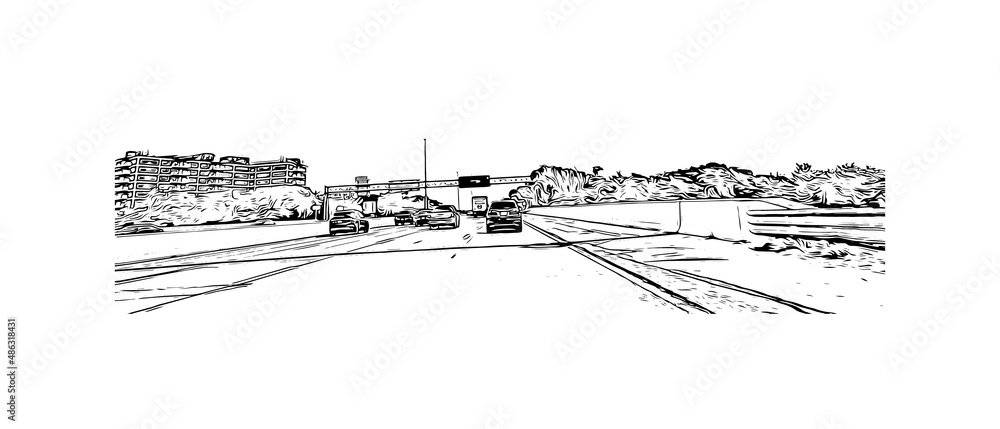 Building view with landmark of Medford is the
city in Oregon. Hand drawn sketch illustration in vector.