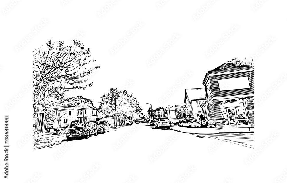 Building view with landmark of Medford is the city in Oregon. Hand drawn sketch illustration in vector.