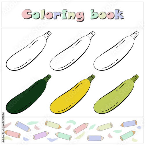 Zucchini set. A page of a coloring book with a colorful vegetables and a sketch for coloring. Preschool education. Cartoon style. Vector illustration for children, eps