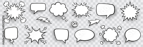 Retro empty comic speech bubbles set with black halftone shadows. Vintage design, pop art style - stock vector