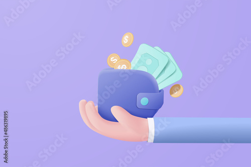 3D money coin hand holding on pastel background. holding money wallet in business hand concept, wallet coin and payment 3d vector render concept. finance, investment, money saving on hand isolated photo