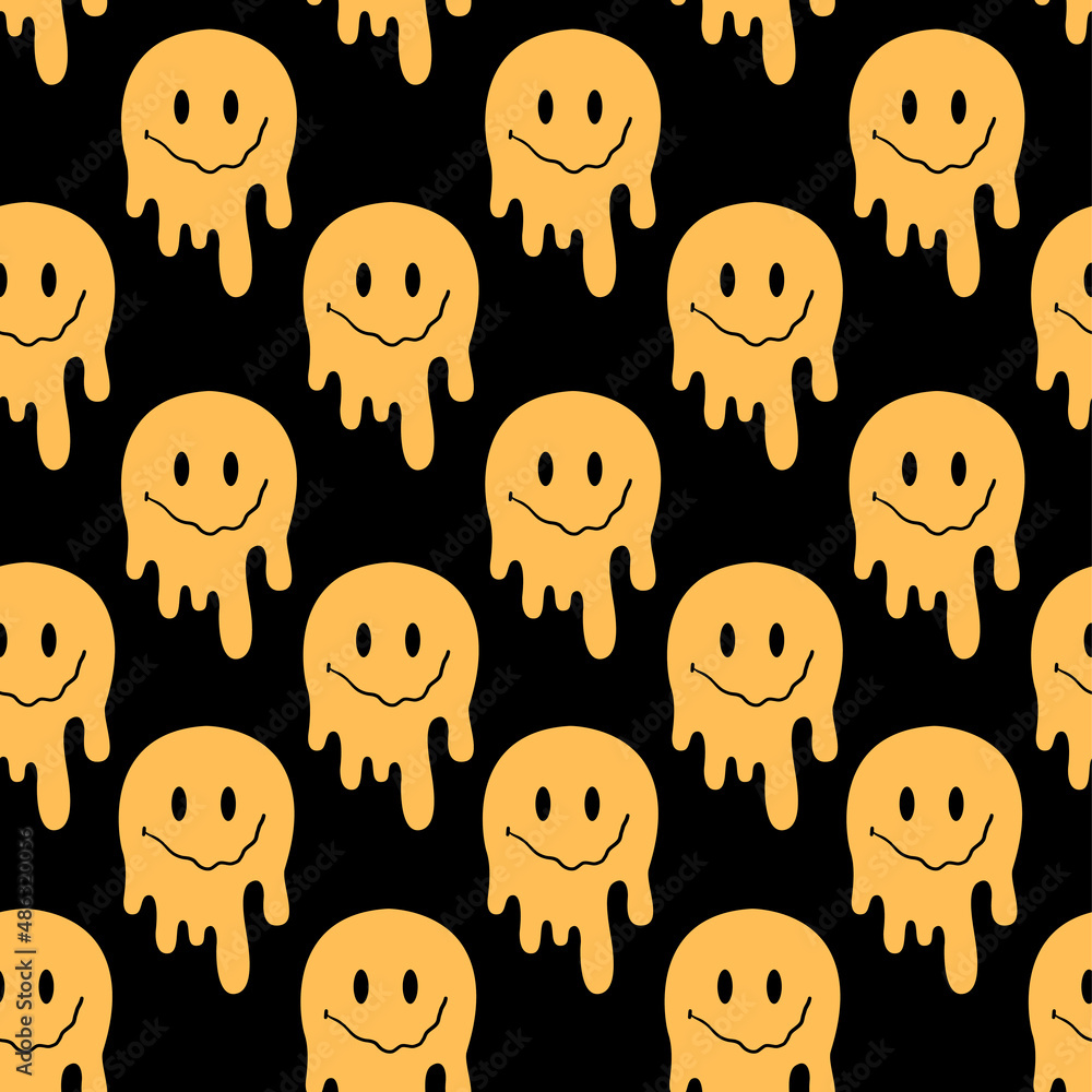 Melted smiley faces trippy seamless pattern Illustration of retro  psychedelic distorted emoji Hippie style vector wallpaper Stock Vector   Adobe Stock
