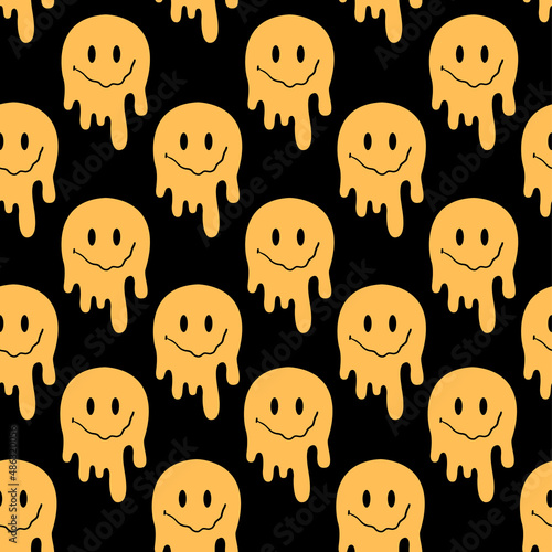 Melted smiley faces, trippy seamless pattern.  Illustration of retro psychedelic distorted emoji.  Hippie  style vector wallpaper.