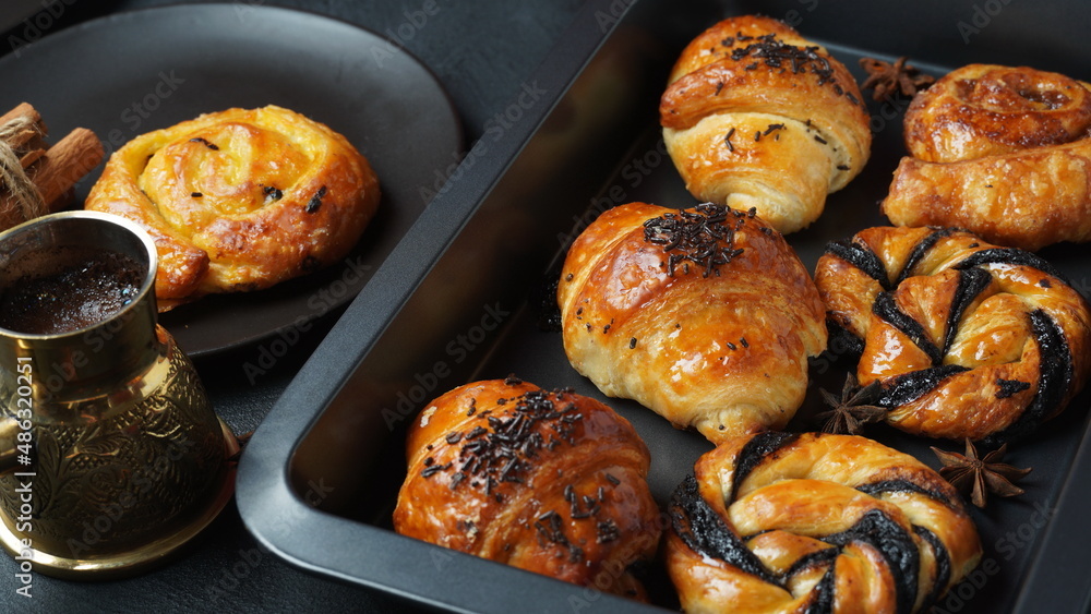 French pastries in Israel. Sweet pastry rolls and croissants French pastries in Israel. Sweet pastry rolls and croissants