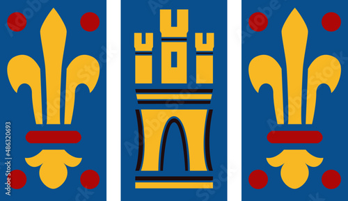Medieval emblem with castle and fleur de lys inspired by vitrage representation. Royal and noble heraldic signs for flag, banner, arms, blazon or shield. History and fantasy symbol.