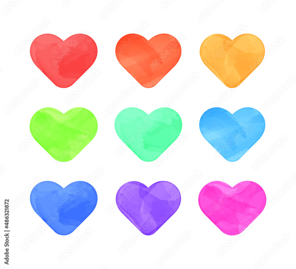 Watercolor heart set. Heart shape in rainbow colors, cute youth design, vector illustration