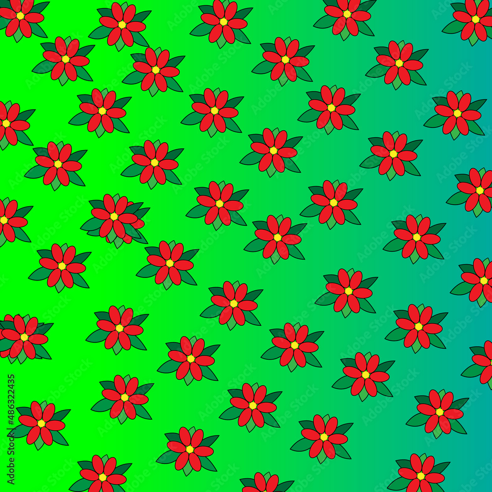 Seamless red flowers pattern. Green background