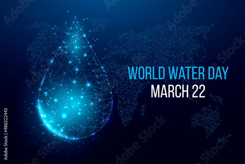 World water day concept. Banner template with glowing low poly water drop. Vector illustration