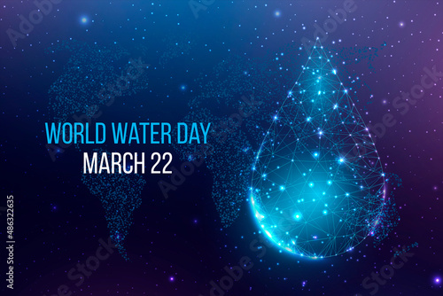 World water day concept. Banner template with glowing low poly water drop. Vector illustration