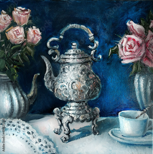 Oil picture with Vintage antique silver tea and coffee set on white tablecloth with teacup vase of roses. high tea party still life. Grawn picture on canvas photo