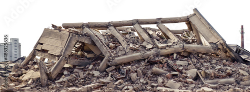 Εκτύπωση καμβά Collapsed concrete industrial building isolated on white background with factory chimney and another concrete building in background