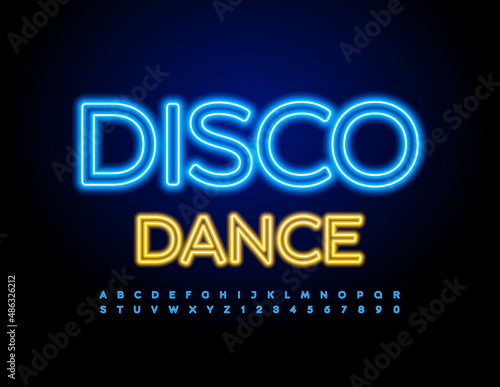 Vector brightl sign Disco Dance. Modern Neon Font. Glowing Alphabet Letters and Numbers set
