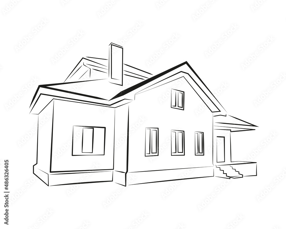 House in perspective, flat black and white illustration in line art style