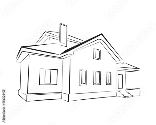 House in perspective, flat black and white illustration in line art style