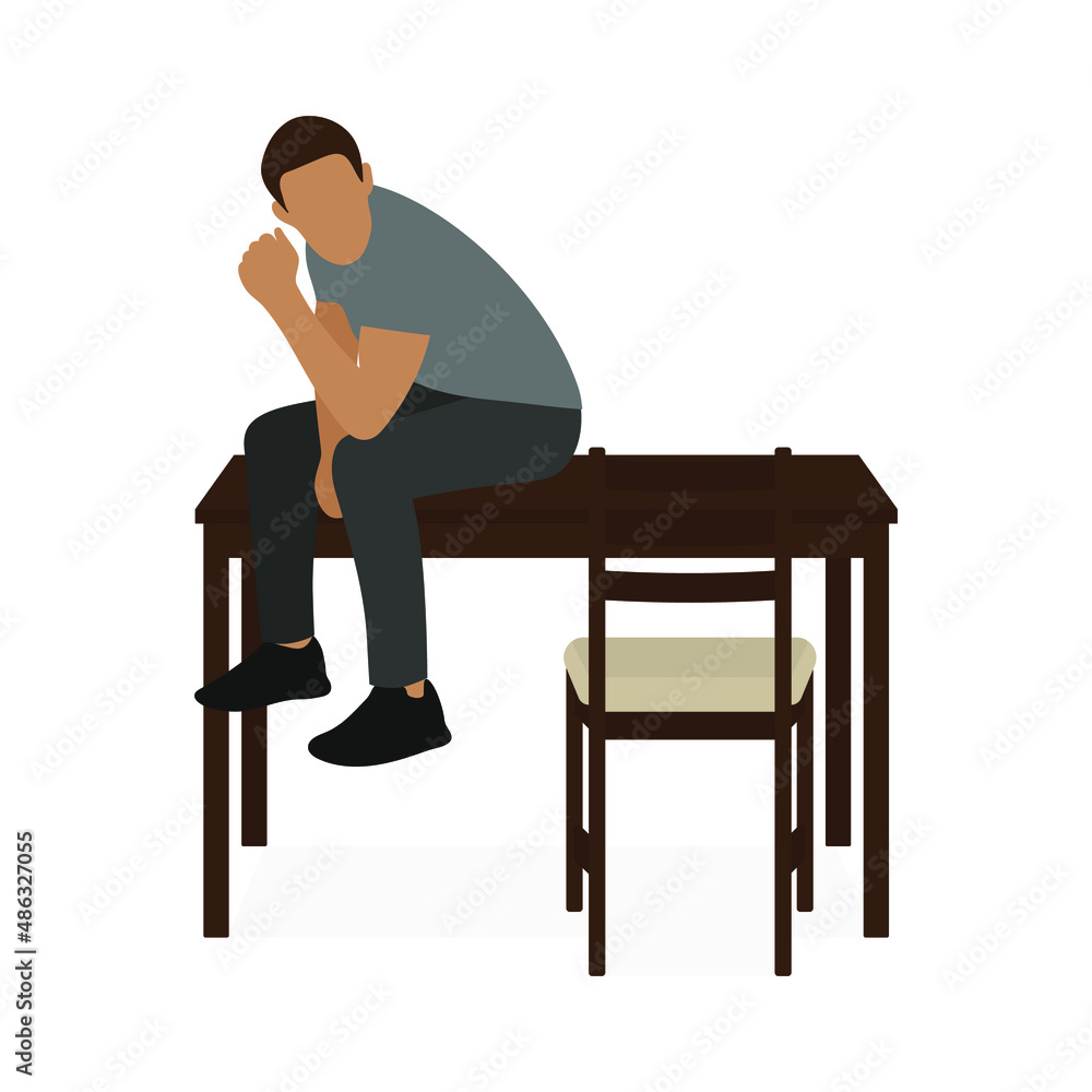 Male character sitting on a table on a white background Male character sitting on a table on a white background