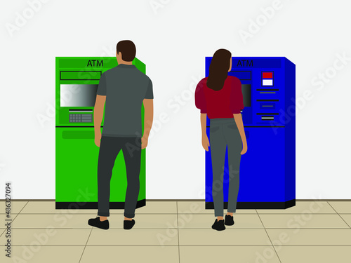 A male character and a female character are standing in front of different ATM machines indoors