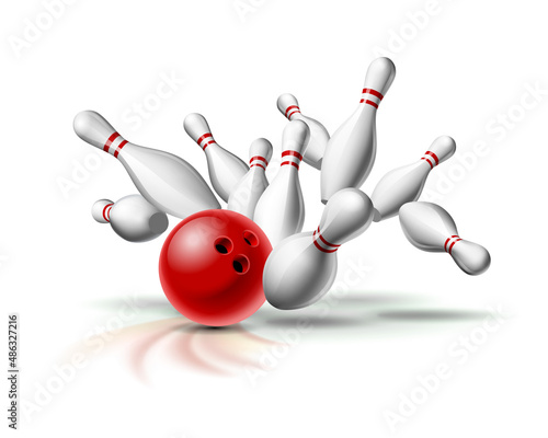 Red Bowling Ball crashing into the pins. Illustration of bowling strike isolated on white background.