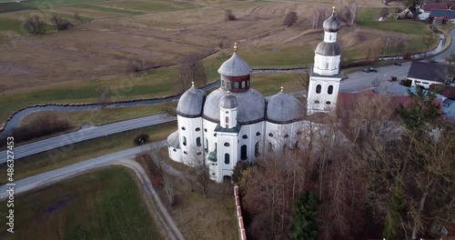 Maria Birnbaum pilgrimage church near the village of Sielenbach in Bavaria seen from above on a cloudless evening photo