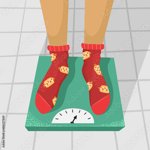 Vector illustration of a man standing on a scale. Weighing. Excess weight.