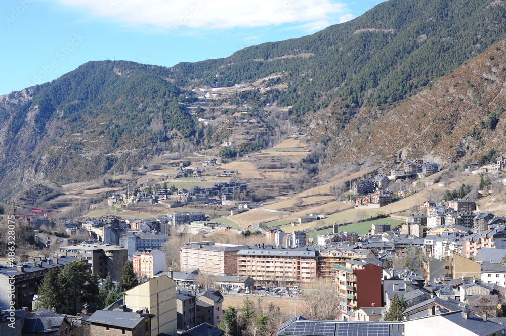 Encamp town in the Valira d'Orient river valley at the foot of Grandvalira resort in Andorra in Pyrenees mountains range in winter