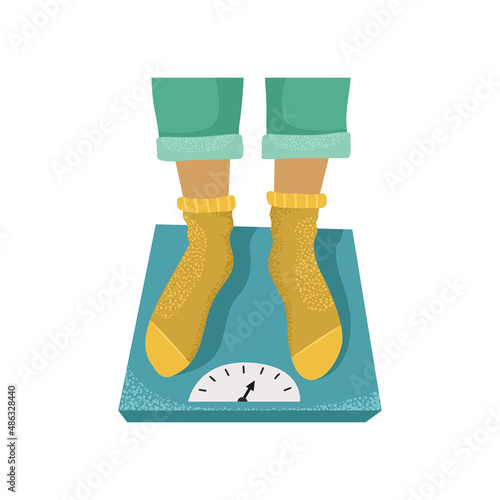 Vector illustration of a man standing on a scale. Weighing. Excess weight.