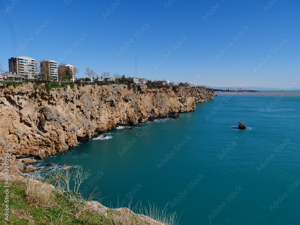 touristic cliff city antalya in mediterranean turkey coastline by the mediterranean sea