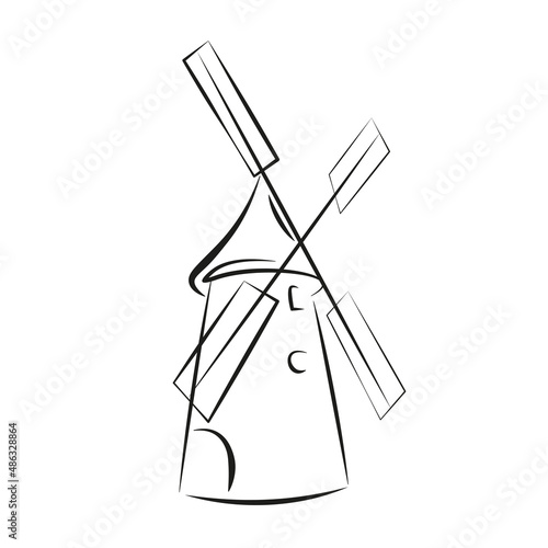 Ancient windmill, flat black and white illustration in line art style