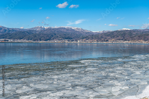 氷が溶け始めた諏訪湖