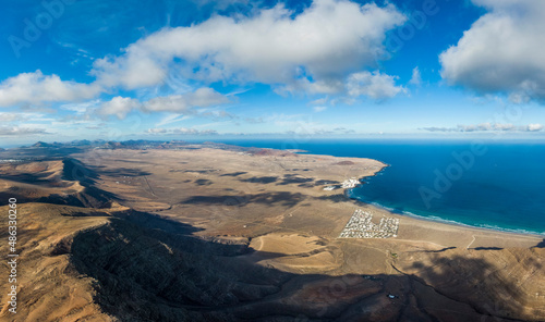 Aerial view of El Jable desert and and Famara village, Spain