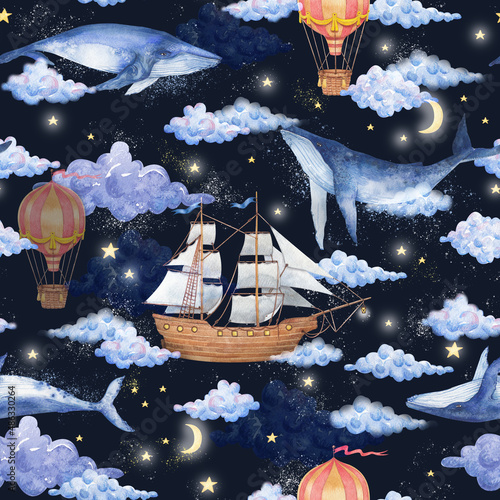 Watercolor whales, clouds, moon, stars, balloons, space, ship, seamless pattern. Fabulous watercolor illustration of marine animals on a dark background. Background print, children's postcards