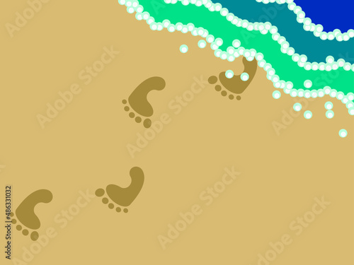 Vector illustration - sea surf with blue waves and white foam and human footprints on a sandy beach. Concept - summer vacation and relaxation