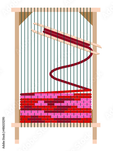 Vector illustration - wooden loom - rectangular frame with stretched threads and rows of pink yarn of hand-woven carpet. Concept craft and hobby decorative and applied art