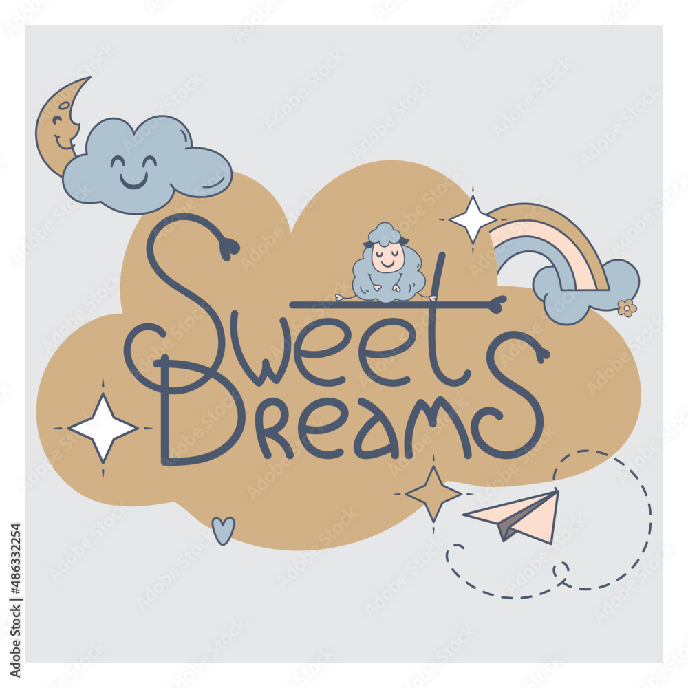 Children's illustration on the theme of sleep. Banner with the image of a cute sheep sleeping on a cloud under a rainbow, moon and stars. Vector. Delicate color scheme. Children's illustration on the theme of sleep. Banner with the image of a cute sheep sleeping on a cloud under a rainbow, moon and stars. Vector. Delicate color scheme.