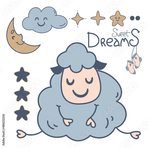 Children's illustration on the theme of sleep. Banner with the image of a cute sheep sleeping on a cloud under a rainbow, moon and stars. Vector. Delicate color scheme.