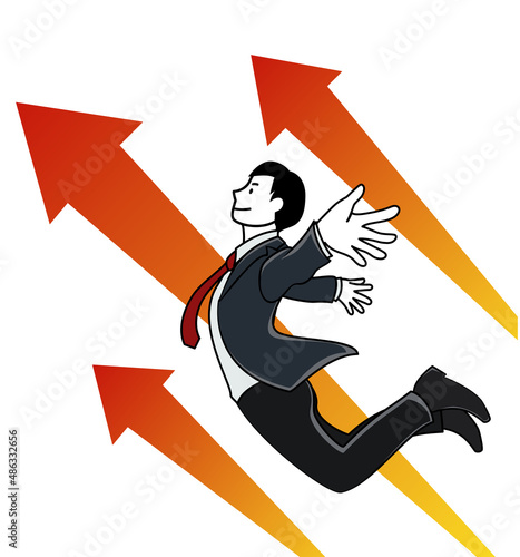 イラスト素材：上向きの矢印と、自信のある表情で飛ぶようジャンプするビジネスパーソン