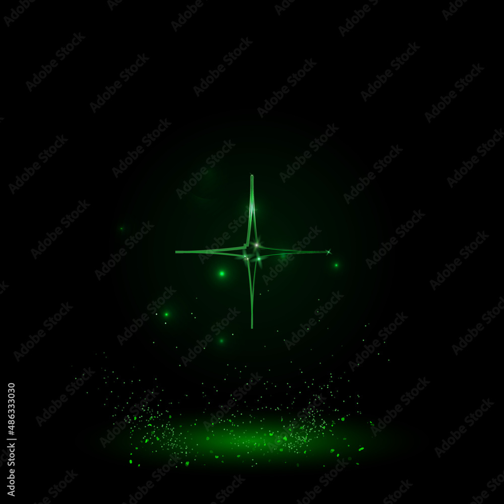 A large green outline abstract star symbol on the center. Green Neon style. Neon color with shiny stars. Vector illustration on black background A large green outline abstract star symbol on the center. Green Neon style. Neon color with shiny stars. Vector illustration on black background