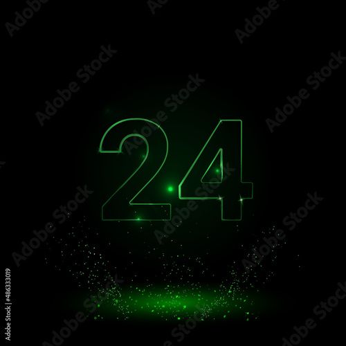 A large green outline around the clock symbol on the center. Green Neon style. Neon color with shiny stars. Vector illustration on black background
