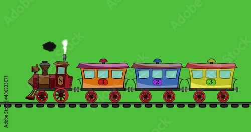The steam locomotive rides and drags three wagons for passengers. Wagons of different colors. Looped animation. Smoke comes out of the chimney. The railroad is moving. The background is green.