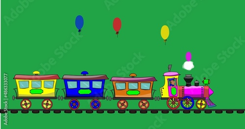 The steam locomotive rides and drags three wagons for passengers. Wagons of different colors. Looped animation. Smoke comes out of the chimney. The railroad is moving. The background is green.