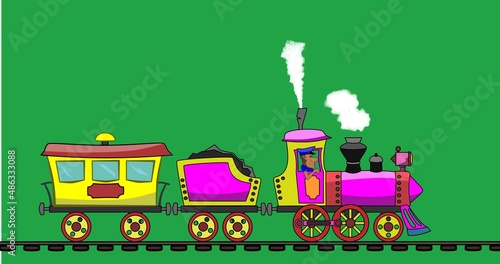 The steam locomotive rides and drags one wagon for passengers. A man in a cap controls. Looped animation. White smoke comes out of the chimney.  The background is green.