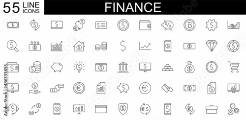 Set of 55 Finance icons. Business and Finance web icons. Vector business and finance editable stroke line icon set with money, bank, check, law, auction, exchance, payment. Vector illustration.